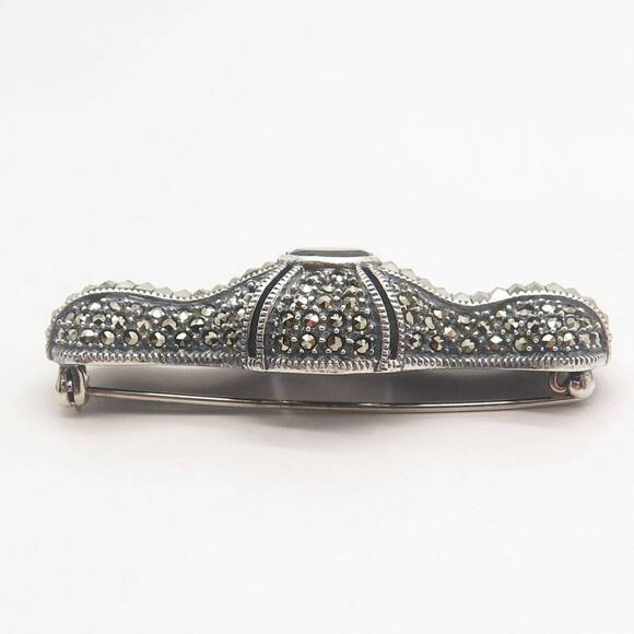 925 Sterling Silver Vintage Judith Jack Black Spinel & Marcasite Gem Pin Brooch - Picture 7 of 8